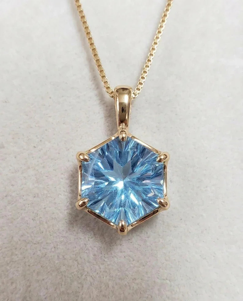 14k Gold Swiss Blue Topaz Pendant, Hexagon Star Cut Blue Topaz Necklace