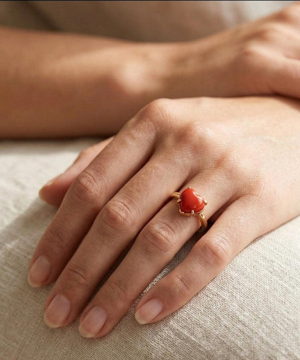 14K Gold Coral Ring, Natural Red Italian Gemstone