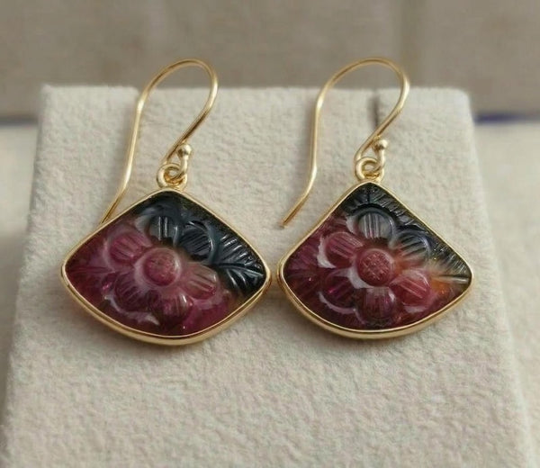 14K Gold Carved Pink Tourmaline Earrings | Floral Tourmaline Dangle Earrings |