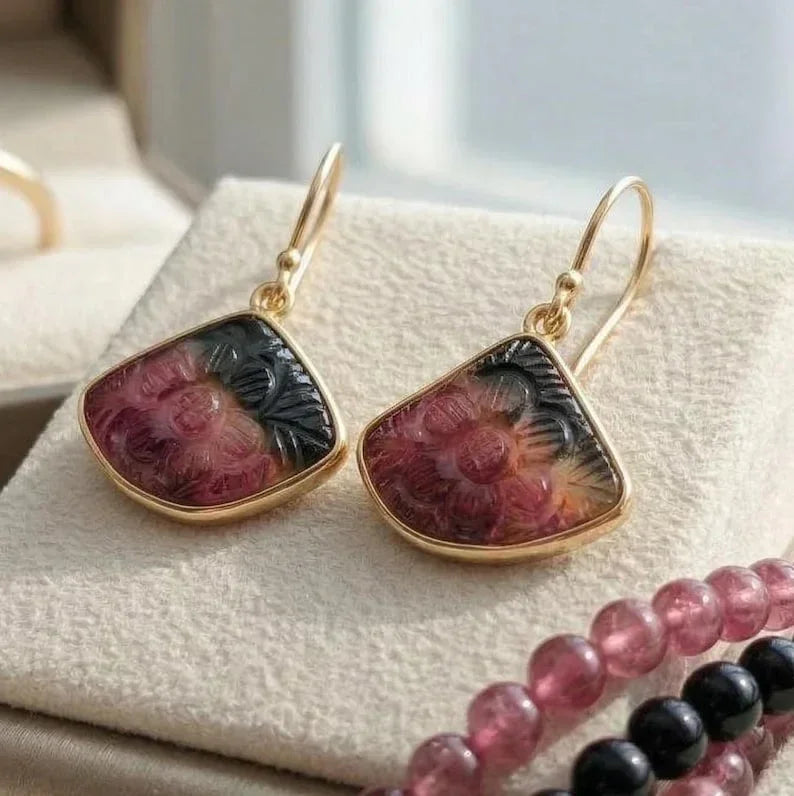 14K Gold Carved Pink Tourmaline Earrings | Floral Tourmaline Dangle Earrings |