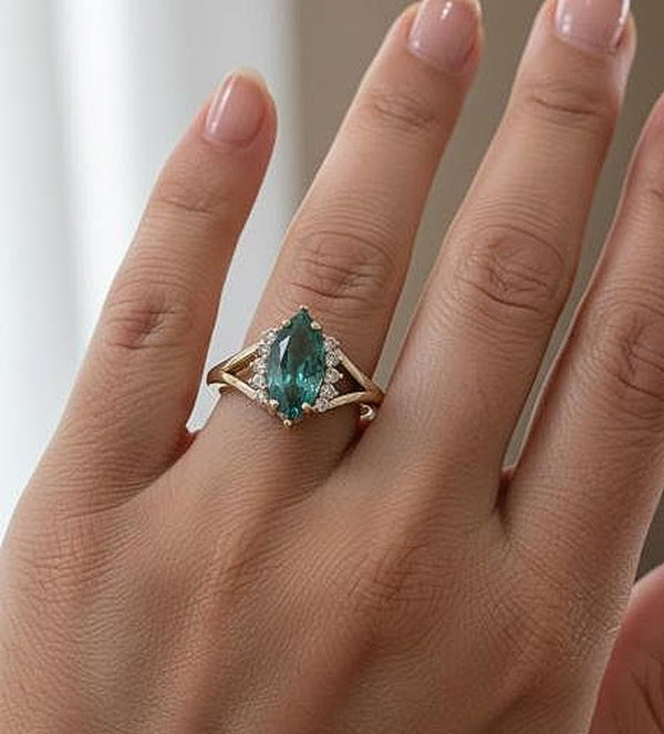 14k Gold Emerald and Diamond Ring – Natural Marquise Cut Gemstone Ring