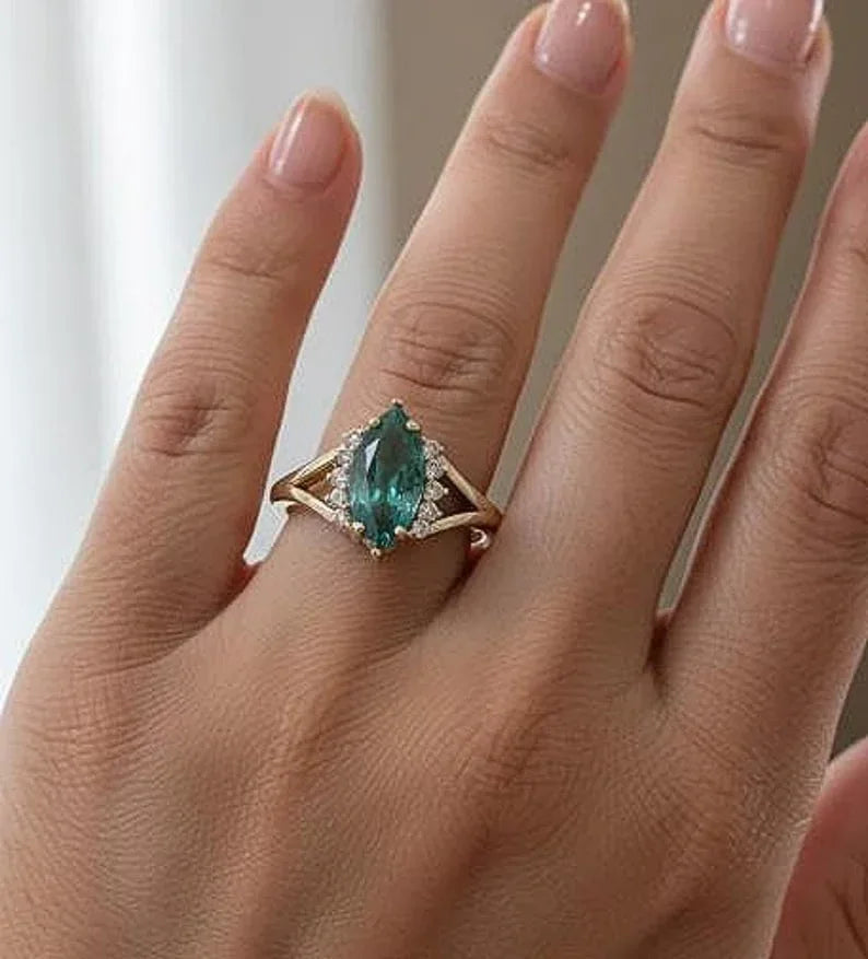 14k Gold Emerald and Diamond Ring – Natural Marquise Cut Gemstone Ring
