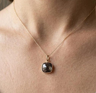 Handmade 14k Gold Raw Diamond Pendant, Brown Rustic Slice Diamond