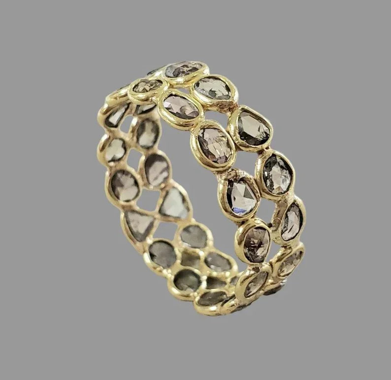 18K Gold Brown Diamond Slice Double Eternity Band – Natural Rustic Diamond Ring