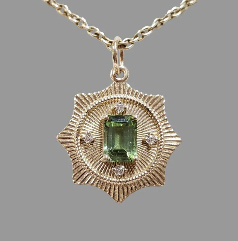 14k Gold Green Tourmaline Diamond Pendant, Art Deco Starburst Necklace