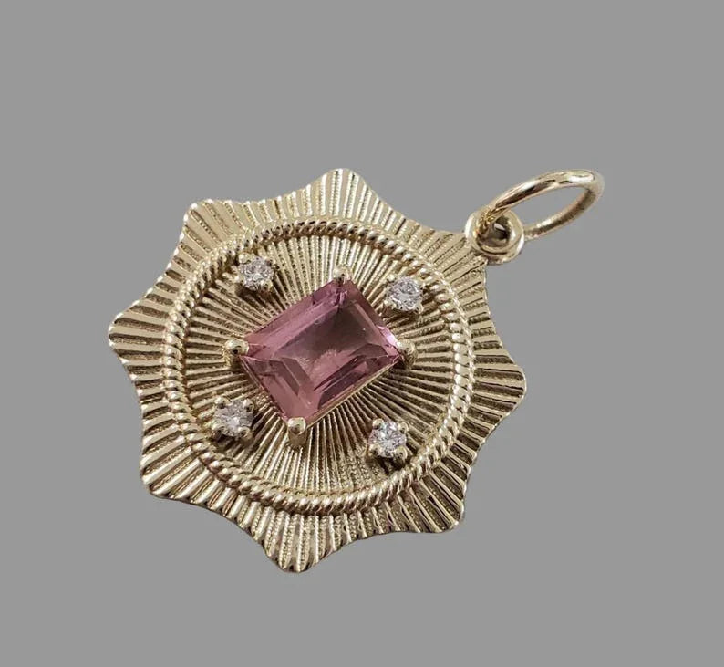 14k Solid Gold Pink Tourmaline Pendant with Diamonds