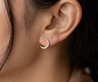 14k Gold Diamond Moon Stud Earrings