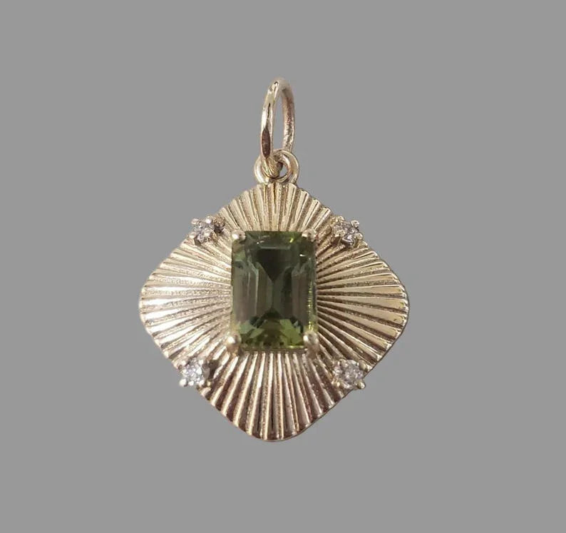 Green Tourmaline & Diamond Pendant in 14k Gold, Emerald Cut