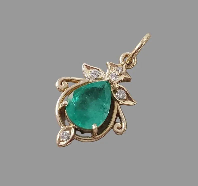 14k Gold Natural Emerald Diamond Pendant, Translucent Green