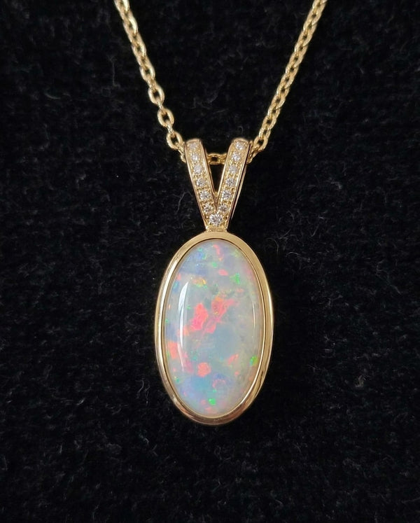 14k Gold Australian Opal & Diamond Pendant Necklace, Natural Opal Pendant