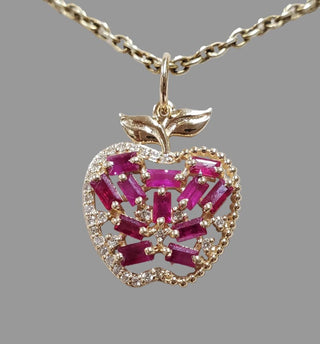 14k Gold Ruby Apple Pendant with Diamond Halo