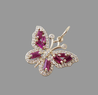 14k Gold Ruby Butterfly Pendant with Diamond Halo