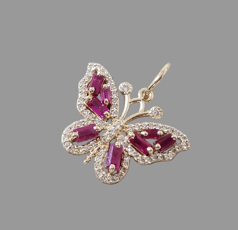 14k Gold Ruby Butterfly Pendant with Diamond Halo