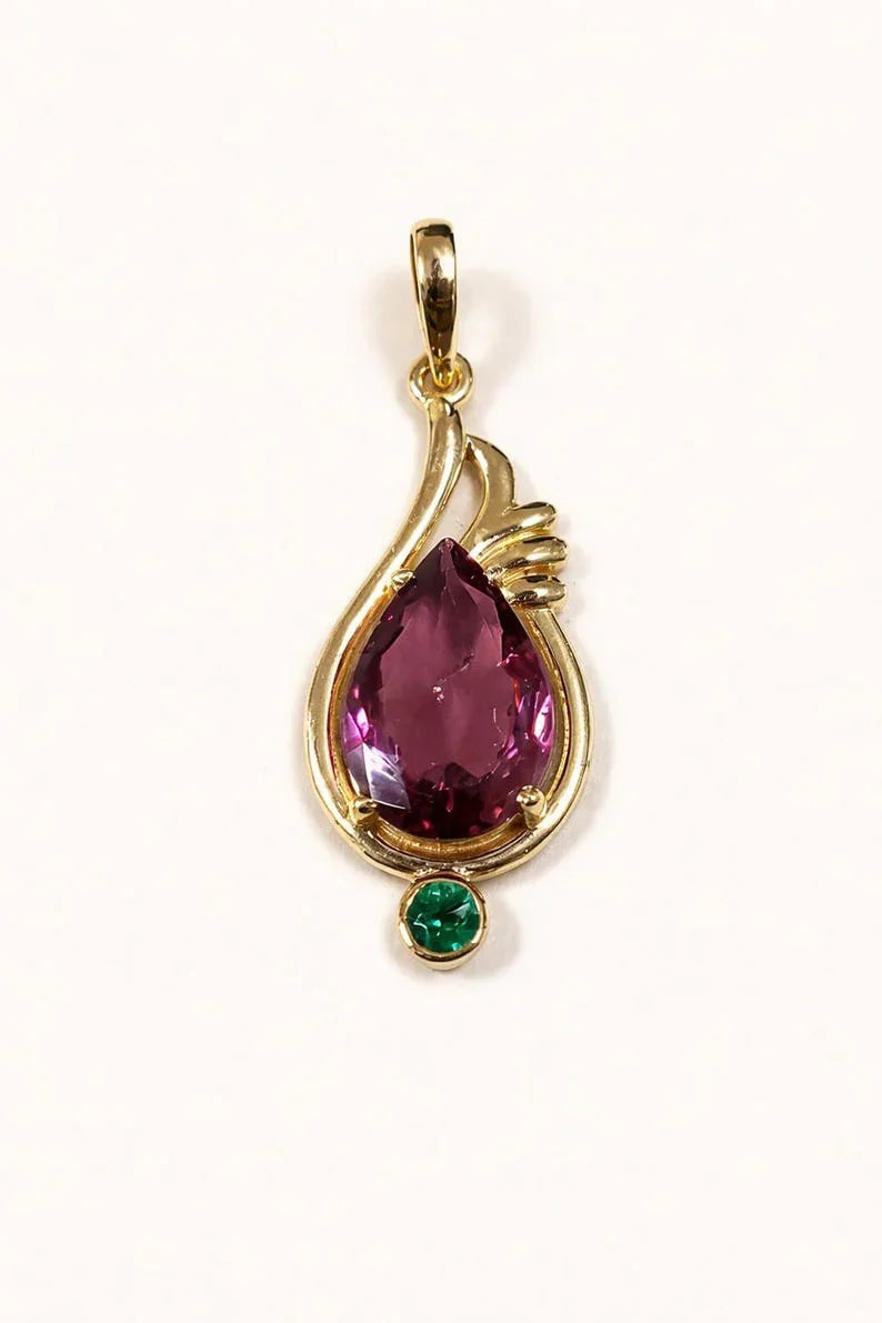 14K Gold Pink Tourmaline Pendant with Emerald : Heirloom Jewelry