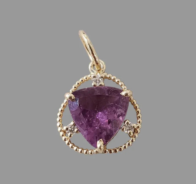 14k Gold Purple Tourmaline Trillion Pendant with Diamond Accents