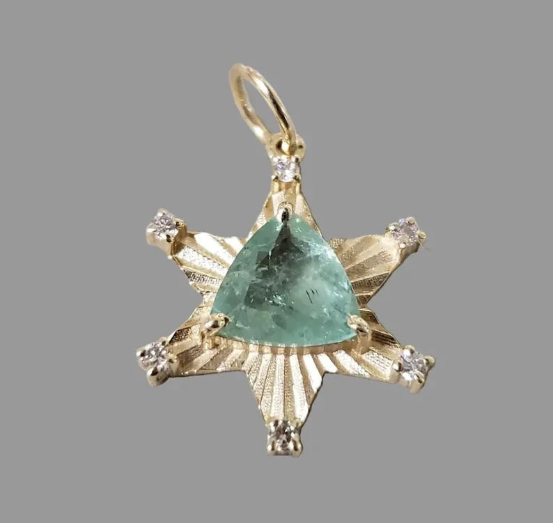 14k Gold Green Tourmaline Starburst Pendant with Diamond Accents