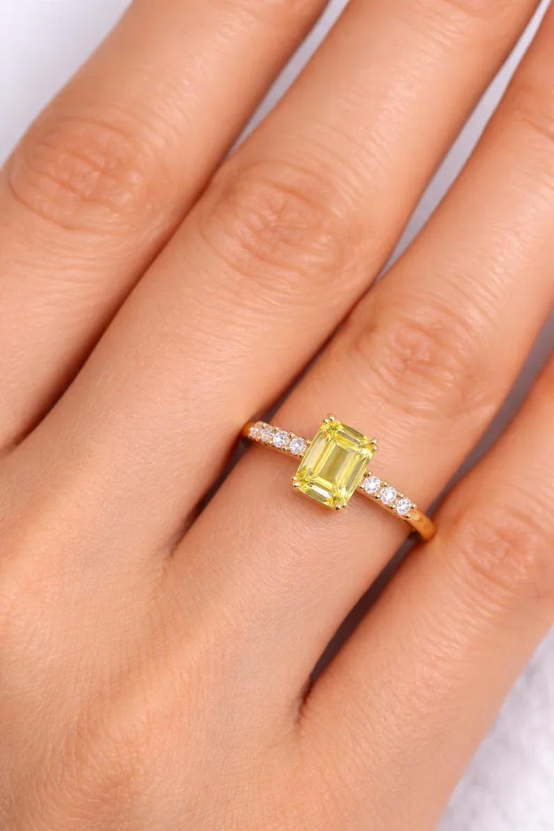 18k Gold Unheated Yellow Sapphire Ring, Engagement Sapphire Diamond Band