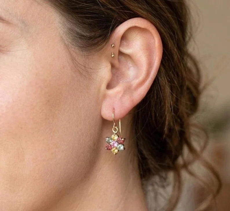 14k Gold Natural Multi Sapphire Dangle Earring For Women