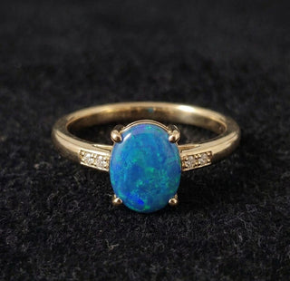 14k Gold Australian Opal Ring, Natural Blue Opal Boulder
