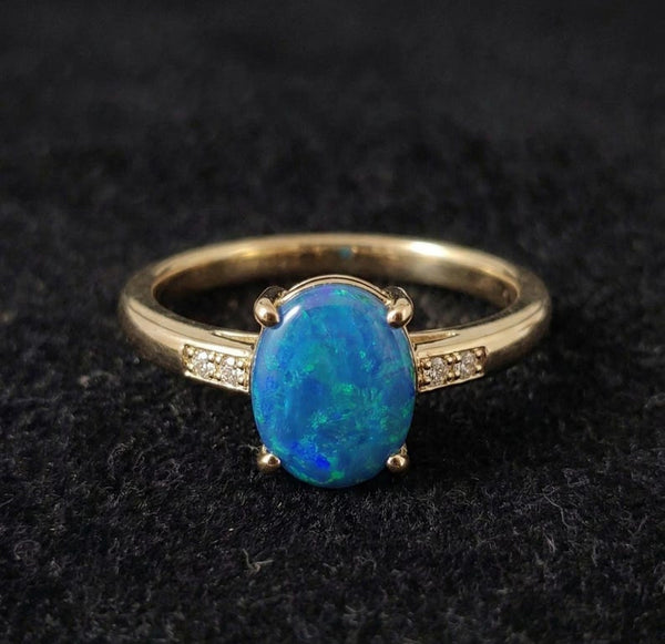 14k Gold Australian Opal Ring, Natural Blue Opal Boulder