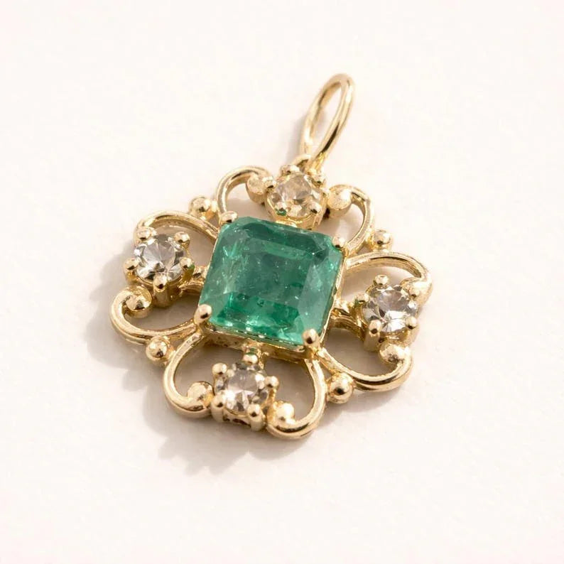 14K Gold Natural Zambian Emerald Pendant, Brown Rose Cut Diamonds
