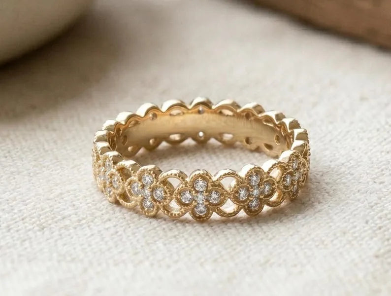 14K Gold Diamond Flower Ring, Floral Wedding Band
