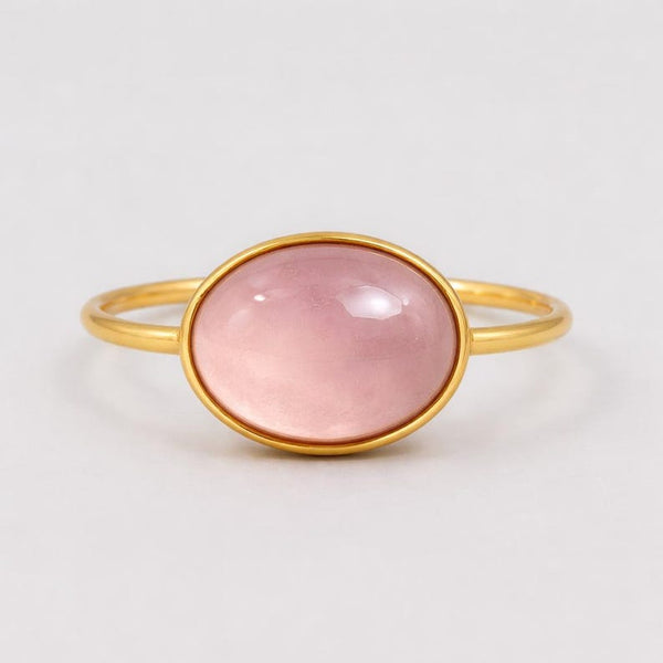 14k Gold Rose Quartz Ring – Oval Cabochon Pink Gemstone Ring