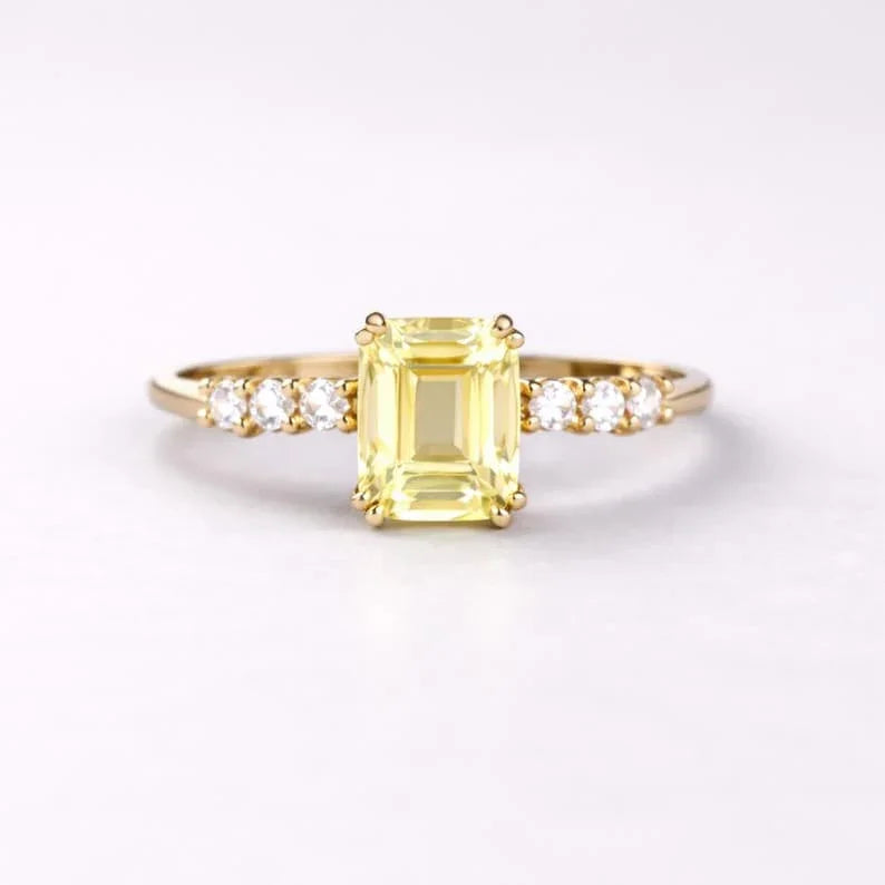 18k Gold Unheated Yellow Sapphire Ring, Engagement Sapphire Diamond Band