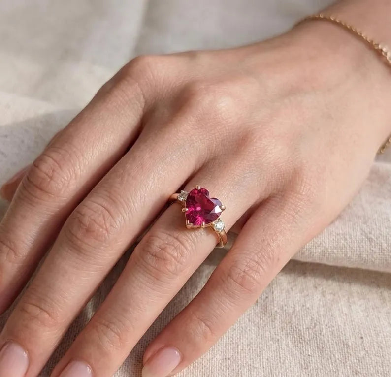 14K Gold Pink Topaz Heart Ring with Diamond Accent