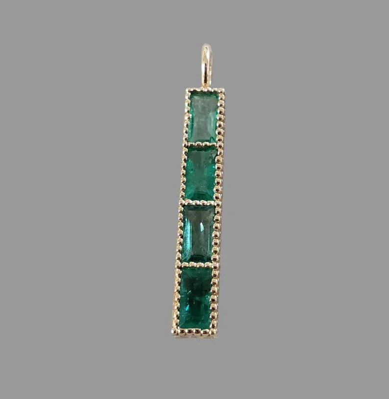 14K Gold Natural Emerald Bar Pendant, Vertical Emerald Charm Necklace