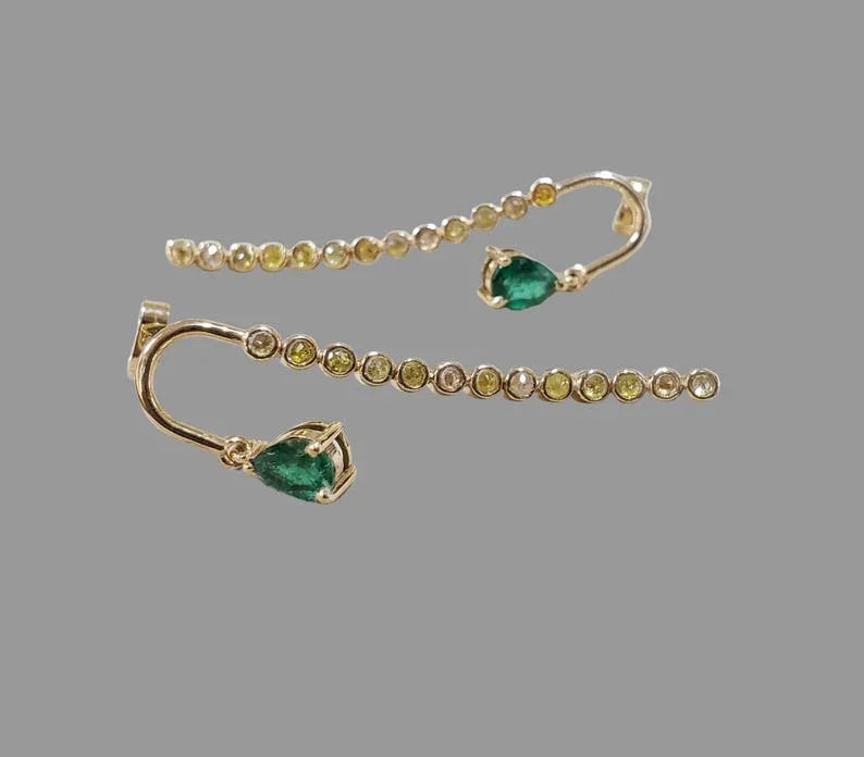 Natural Emerald & Diamond 14k Gold Earrings, Dainty Threader Drop Earrings