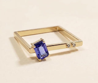 14k Gold Tanzanite Diamond Promise Ring, 4x6 mm Baguette Gemstone