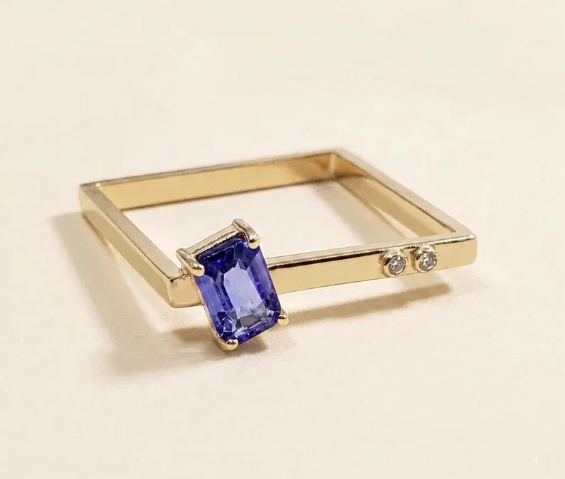 14k Gold Tanzanite Diamond Promise Ring, 4x6 mm Baguette Gemstone