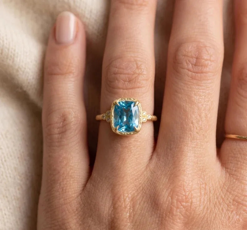 14k Gold Cushion Blue Topaz Diamond Ring