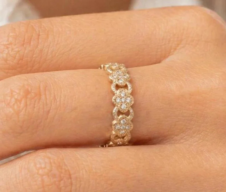 14K Gold Diamond Flower Ring, Floral Wedding Band