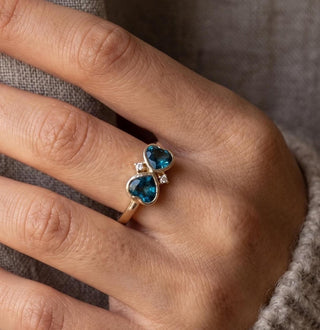 14K Gold London Blue Topaz Ring, Couple Heart Gemstone Ring