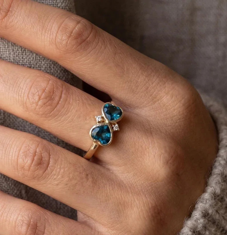 14K Gold London Blue Topaz Ring, Couple Heart Gemstone Ring