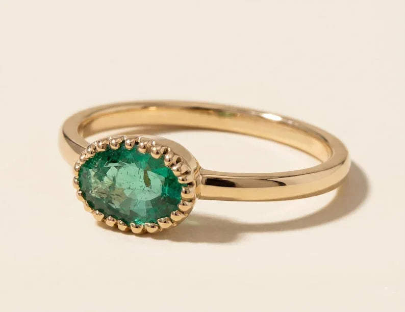 Stacking 14k Gold Oval Emerald Ring, May Birthstone Jewelry