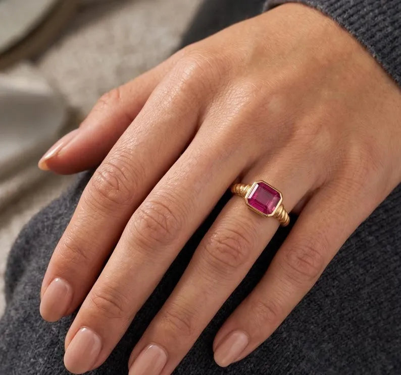 14K Solid Gold Pink Tourmaline Ring, Emerald Cut Gemstone Ring