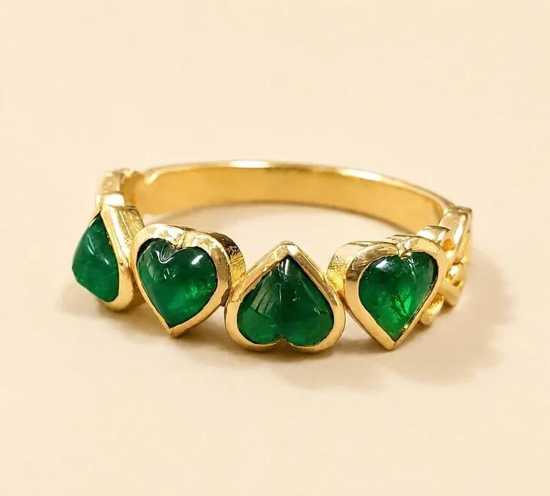 14K Gold Natural Zambian Emerald Heart Ring