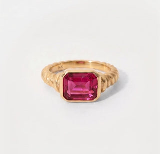 14K Solid Gold Pink Tourmaline Ring, Emerald Cut Gemstone Ring