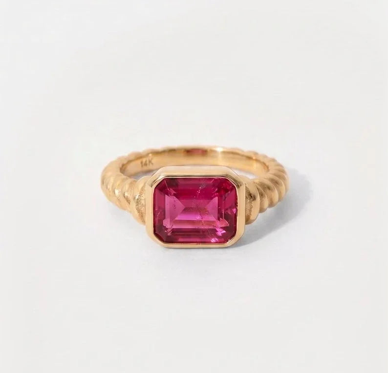 14K Solid Gold Pink Tourmaline Ring, Emerald Cut Gemstone Ring