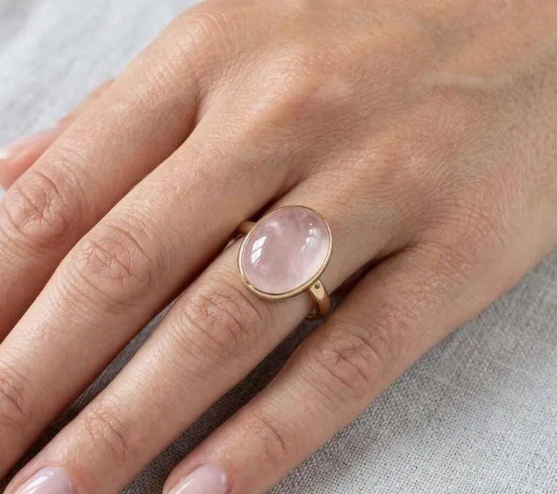 Natural Rose Quartz Ring in 14K Gold, Oval Cabochon Pink Stone