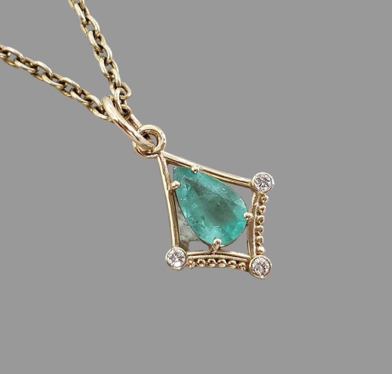 Natural Emerald Pendant with Diamond Accents in Solid 14K Gold