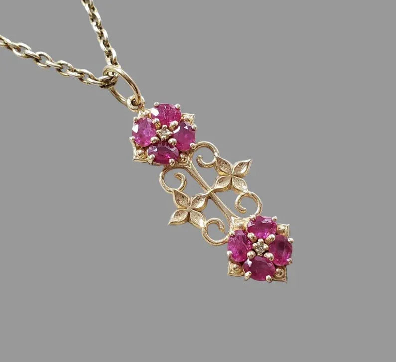 14k Gold Natural Ruby Chandelier Pendant, Vintage Floral Ruby Charm