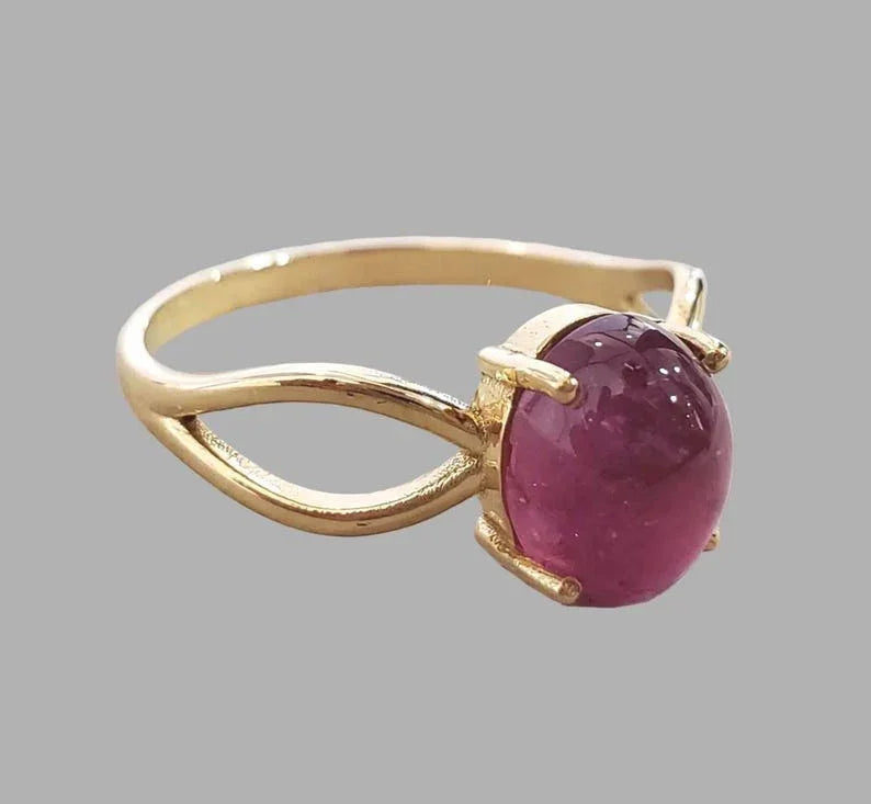 Natural Pink Tourmaline Cabochon Ring in 14K Gold with Diamond Accent