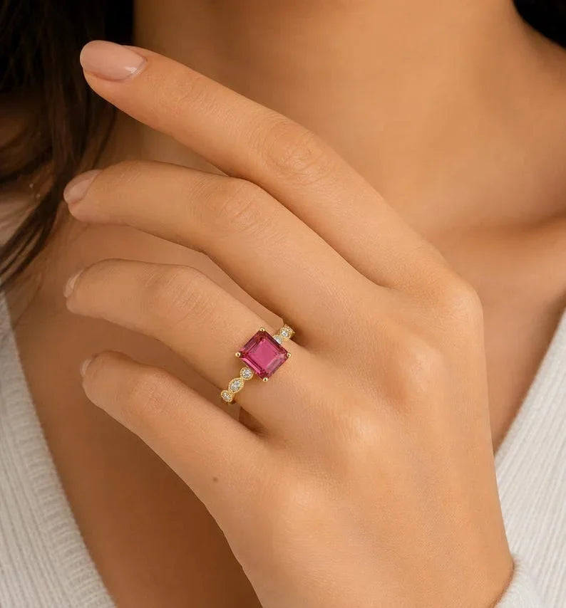 Pink Tourmaline Ring in 14K Gold with Diamonds Accent