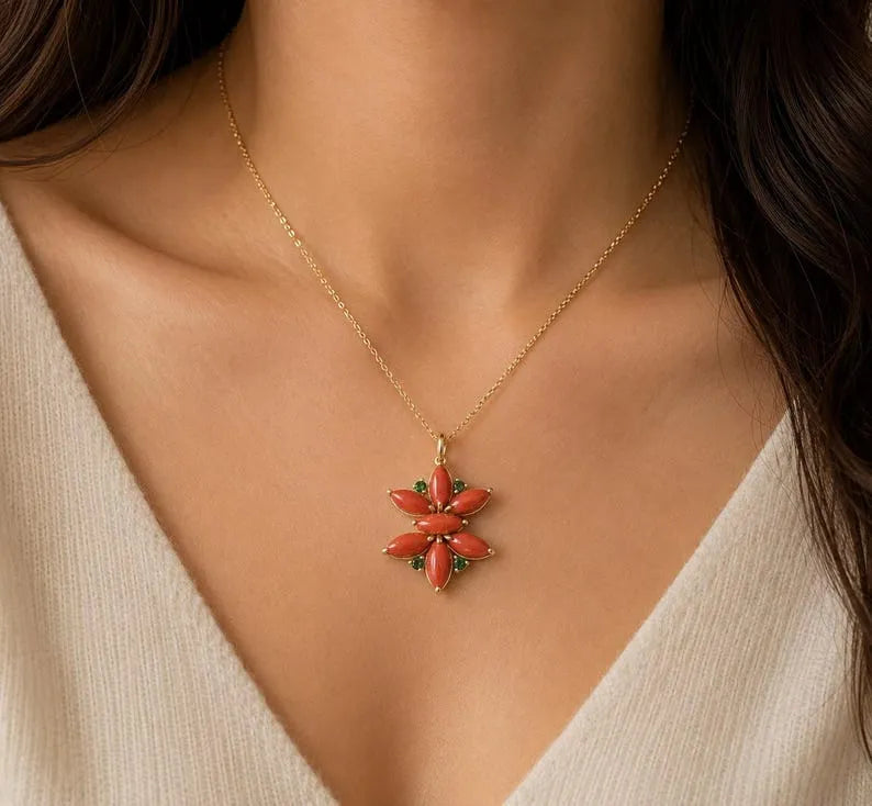 Floral 14k Gold Marquise Coral With Tsavorite Pendant