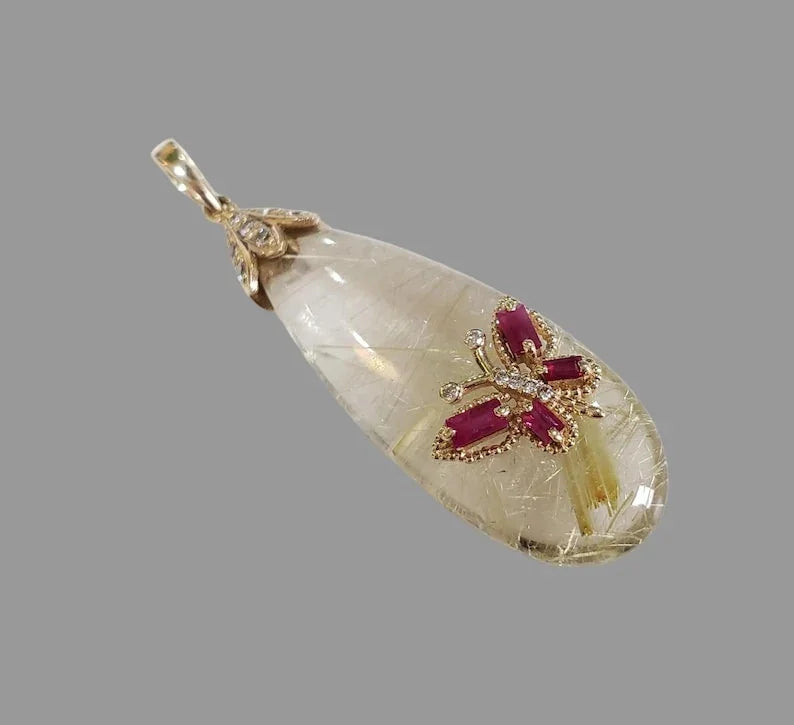 14k Gold Rutilated Quartz Pendant with Natural Ruby & Diamond Butterfly