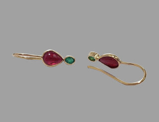 14K Gold Ruby & Emerald Earrings, Ear Hooks Dainty Style